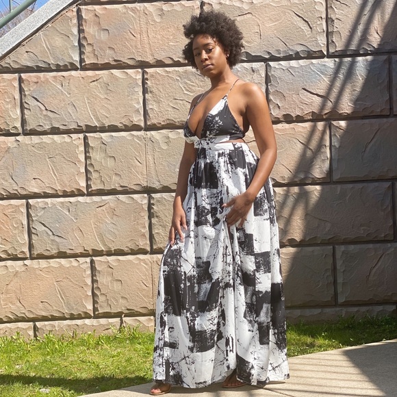 Black White Marble Print Maxi Dress Size XL - Picture 3 of 4